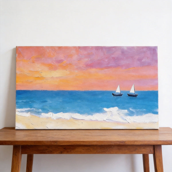 Sunset Paintings, Tranquil Blue Sea at Sunset, Original Seascape Paintings, Small Canvas Wall Art Paintings, Hand Painted Canvas Artwork-Art Painting Canvas