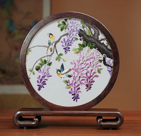 Flower and Birds Silk Embroidery Ornaments, Exclusive Business Presents, Creative Birthday Gift, Premium Souvenir, Traditional Chinese Suzhou Silk Embroidery-Art Painting Canvas