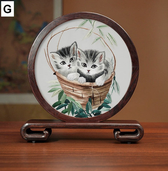 Exclusive Business Present, Lovely Kitty Cat Embroidered Decor, Premium Souvenir, Unique Birthday Gift, Traditional Chinese Suzhou Kitten Embroidery Ornament-Art Painting Canvas