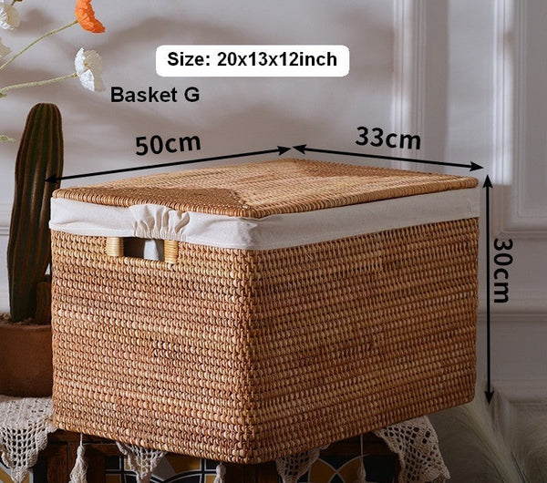 Oversized Rectangular Storage Basket with Lid, Woven Rattan Storage Basket for Shelves, Storage Baskets for Bedroom, Extra Large Storage Baskets for Clothes