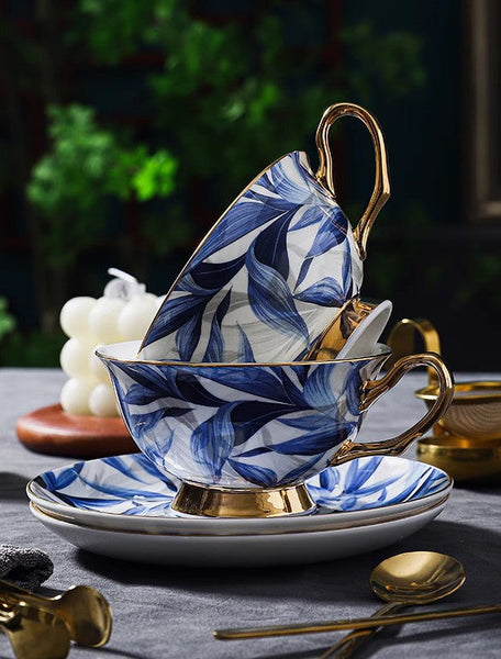 Unique British Tea Cup and Saucer in Gift Box, Blue Porcelain Tea Cup Saucer Set, 7.4 oz British Ceramic Coffee Cups-Art Painting Canvas