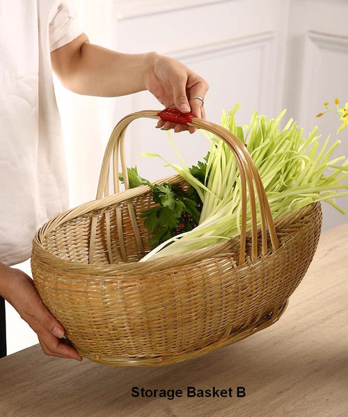 Natural Hand-woven Bamboo Basket, Natural Fruit Basket Kitchen Storage Baskets, Extra Large Picnic Food Basket with Handle, Lovely Bamboo Baskets for Vegetable