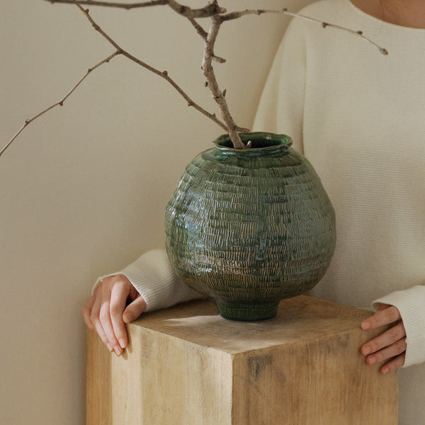 Large Contemporary Vases on Dining Table, Handmade Modern Flower Vase, Centerpiece Ceramic Bouquet Vases, Green Porcelain Vases for Modern Home Decor-Art Painting Canvas