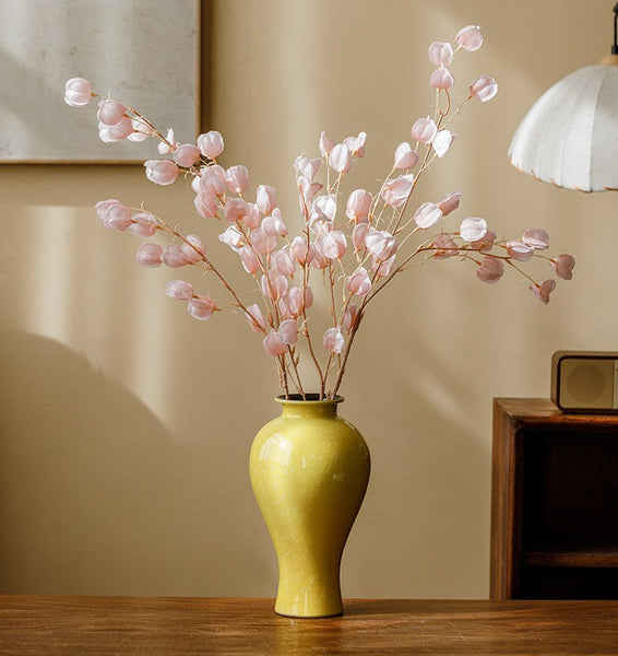 Handmade Water Holding Flower Vase, Yellow Flower Vases on Table, Ceramic Bud Vases, Porcelain Flower Vases-Art Painting Canvas