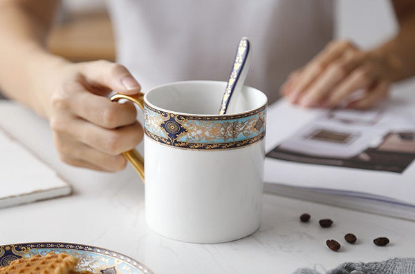 Elegant Ceramic Coffee Mug, Beautiful British Tea Cups, Large Royal Porcelain Mug, Large Capacity Ceramic Mugs for Office-Art Painting Canvas