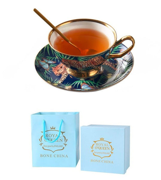 Creative Leopard Ceramic Coffee Cups, 6.8 oz Tea Cup and Saucer in Gift Box as Birthday Gift, Beautiful British Tea Cups, Creative Porcelain Tea Cup Set-Art Painting Canvas
