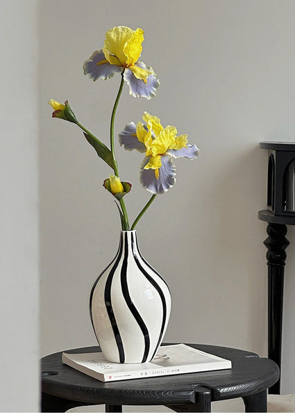 Water Holding Flower Vases, Black and White Striped Ceramic Vase, Porcelain Flower Vases, Modern Flower Vases on Table-Art Painting Canvas