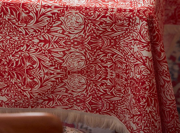 Large Fiberflax Rectangle Tablecloth for Home Decoration, Red Flower Pattern Tablecloth for Holiday Decoration, Square Tablecloth for Round Table-Art Painting Canvas