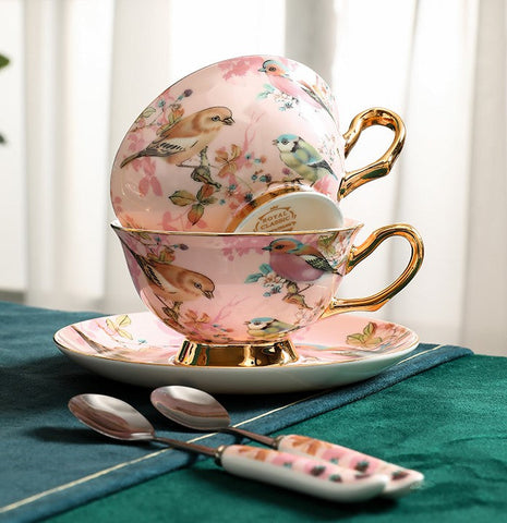 Unique Tea Cup and Saucer in Gift Box, Lovely Birds Ceramic Cups, Elegant Ceramic Coffee Cups, Afternoon Bone China Porcelain Tea Cup Set-Art Painting Canvas