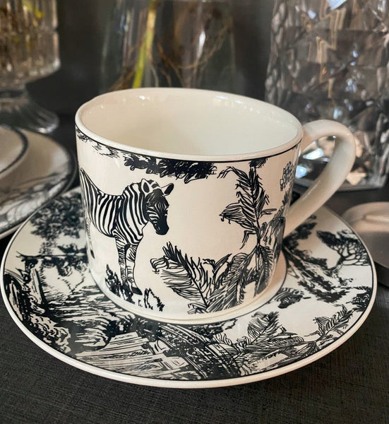 Royal Ceramic Cups, Elegant Ceramic Coffee Cups, 6.8 oz Tea Cup and Saucer in Gift Box, Zebra Jungle Porcelain Tea Cup Saucer Set-Art Painting Canvas