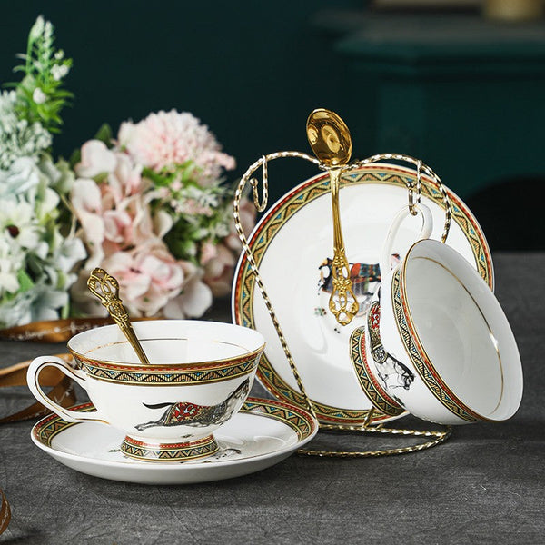 Elegant British Horse Pattern Coffee Cup with Saucer, 7.4 oz Ceramic Tea Cup and Saucer in Gift Box, Porcelain Tea Cup and Saucer Set-Art Painting Canvas