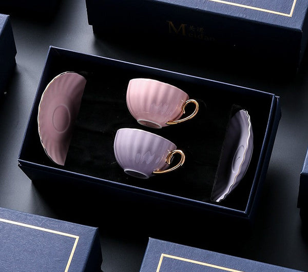 Elegant Macaroon Ceramic Coffee Cups, 6.8 oz Tea Cup and Saucer Set of 2 Cups in Gift Box as Birthday Gift, Beautiful British Tea Cups, Creative Porcelain Tea Cup Set-Art Painting Canvas