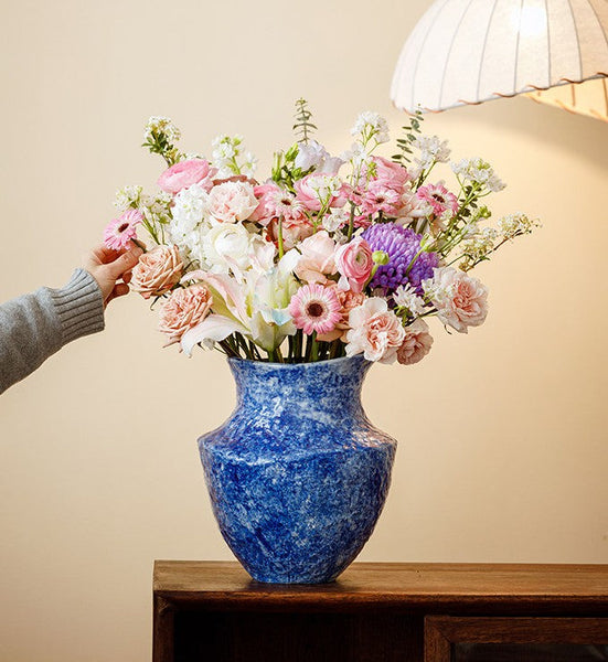 Modern Pottery Flower Vases, Handmade Water Holding Flower Vases, Centerpiece on Dining Table, Blue Pottery Bud Vases, Large Flower Vases on Table-Art Painting Canvas