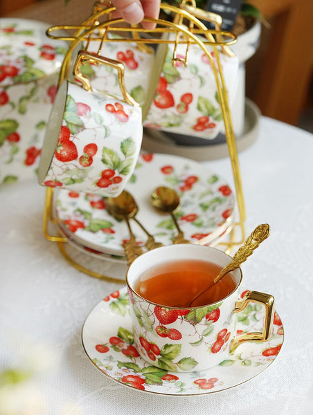 Strawberry Bone China Porcelain Tea Cup Set, Elegant Ceramic Coffee Cups, British Royal Ceramic Cups for Afternoon Tea, Unique Blue Tea Cup and Saucer in Gift Box-Art Painting Canvas