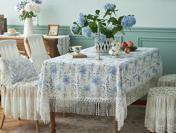 Flower Lace Tablecloth for Dining Room Table, Natural Spring Farmhouse Rectangle Table Cloth for Home Decoration, Square Tablecloth for Round Table-Art Painting Canvas