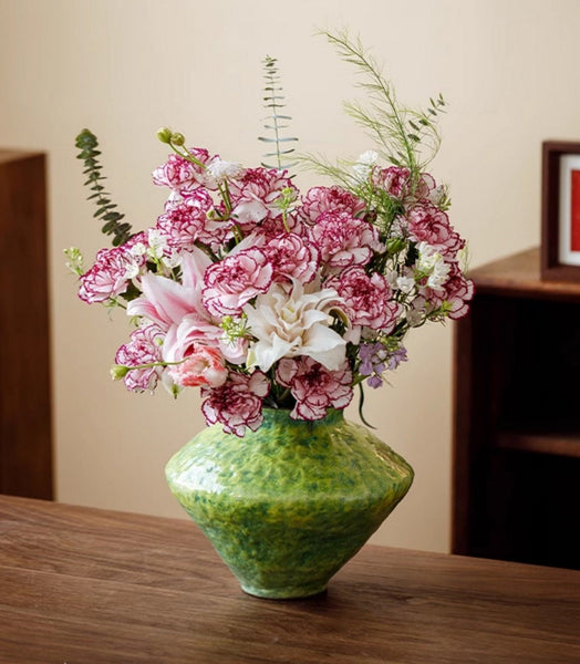 Centerpiece on Dining Table, Modern Pottery Flower Vases, Handmade Water Holding Flower Vases, Pottery Bud Vases, Large Green Flower Vases on Table-Art Painting Canvas