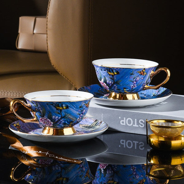 Blue Bird and Butterfly Porcelain Tea Cup Saucer Set, 7.4 oz British Tea Cup and Saucer in Gift Box, Elegant British Ceramic Coffee Cups-Art Painting Canvas