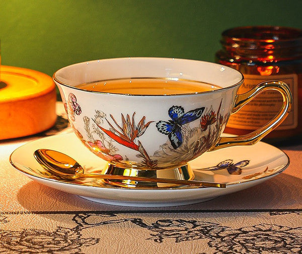 British Traditional Afternoon Tea Cup and Saucer Set, Ceramic Coffee Cups in Gift Box, Butterfly Pattern Porcelain Tea Cup and Saucer Set-Art Painting Canvas