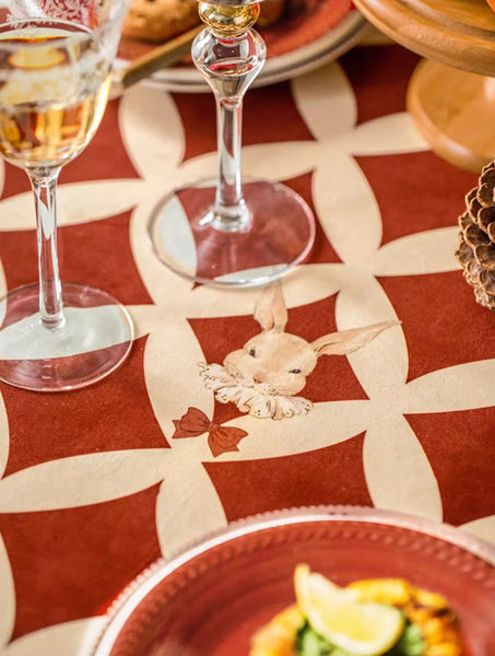 Holiday Red Tablecloth for Dining Table, Rabbit Pattern Table Cover for Dining Room Table, Modern Rectangle Tablecloth for Oval Table-Art Painting Canvas
