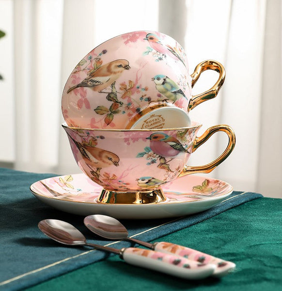 Lovely Birds Ceramic Cups, Elegant Ceramic Coffee Cups, Afternoon Porcelain Tea Cup Saucer Set, Unique Tea Cup and Saucer in Gift Box-Art Painting Canvas
