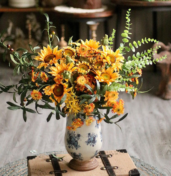 Large Bunch of Yellow Sunflowers, Unique Floral Arrangement for Home Decoration, Table Centerpiece, Real Touch Artificial Flowers for Living Room-Art Painting Canvas
