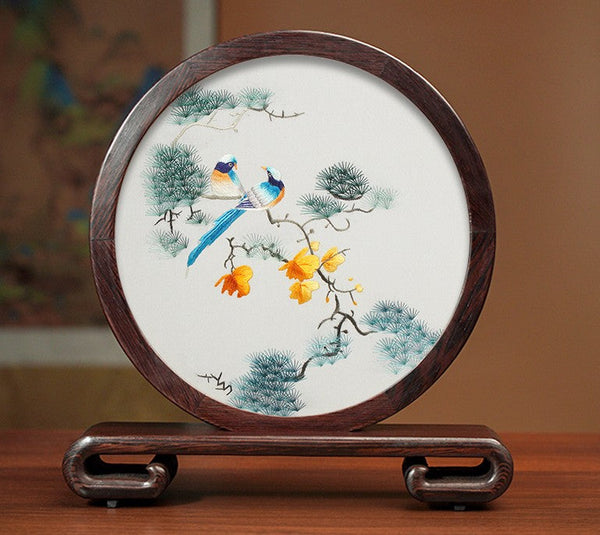 Flower and Bird Embroidery Ornaments, Unique Birthday Gift, Traditional Chinese Suzhou Silk Embroidered Ornament, Premium Souvenir, Exclusive Business Presents-Art Painting Canvas