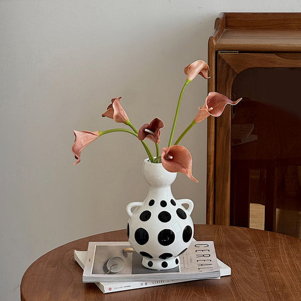Ceramic Bud Vases, Small Flower Vases on Table, Black and White Polka Dot Flower Vase, Modern Porcelain Flower Vases, Handmade Water Holding Flower Vases-Art Painting Canvas