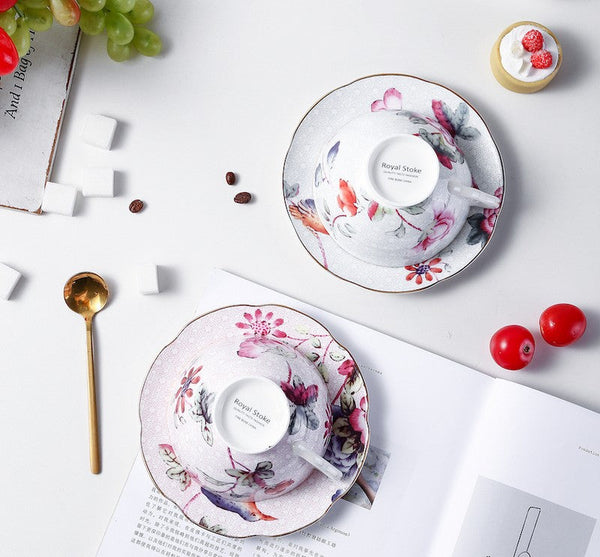 Unique Porcelain Cup and Saucer, Beautiful British Flower Tea Cups, Elegant Ceramic Coffee Cups, Creative Bone China Porcelain Tea Cup Set-Art Painting Canvas
