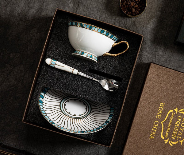 Unique Tea Cup and Saucer in Gift Box, 8 oz British Ceramic Coffee Cups, Porcelain Tea Cup Set for Office, Green Ceramic Cups-Art Painting Canvas