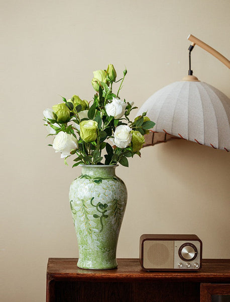 Centerpiece Ceramic Bud Vases, Large Flower Vases on Table, Green Porcelain Flower Vases, Handmade Water Holding Flower Vase-Art Painting Canvas