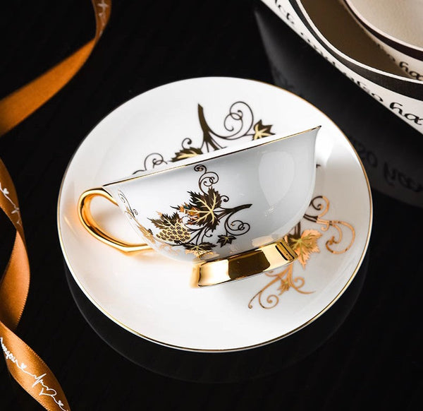 Elegant British Ceramic Coffee Cups, 7.4 oz Golden Leaves and Grapes Porcelain Tea Cup Saucer Set, Unique British Tea Cup and Saucer in Gift Box-Art Painting Canvas