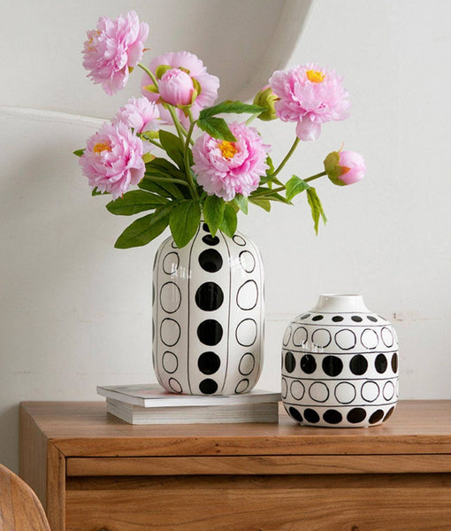 Ceramic Bud Vases, Black and White Polka Dot Flower Vase, Small Flower Vases on Table, Modern Porcelain Flower Vases, Handmade Water Holding Flower Vases-Art Painting Canvas
