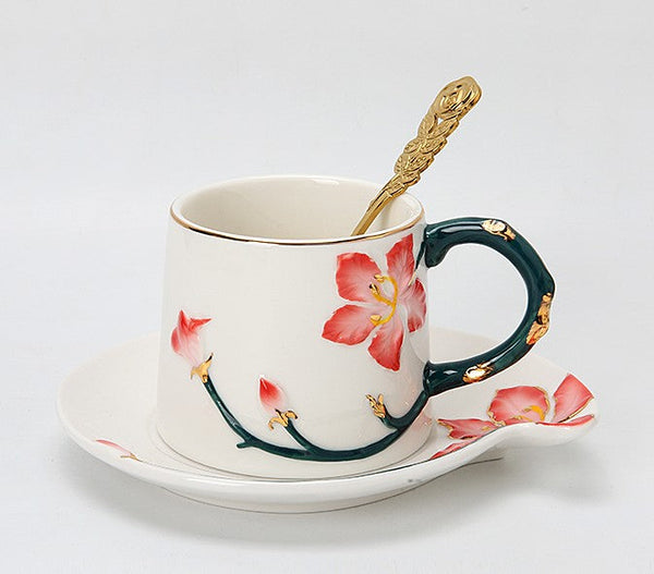 Afternoon British Tea Cups, Creative Bone China Porcelain Tea Cup Set, Traditional English Tea Cups and Saucers, Unique Ceramic Coffee Cups-Art Painting Canvas