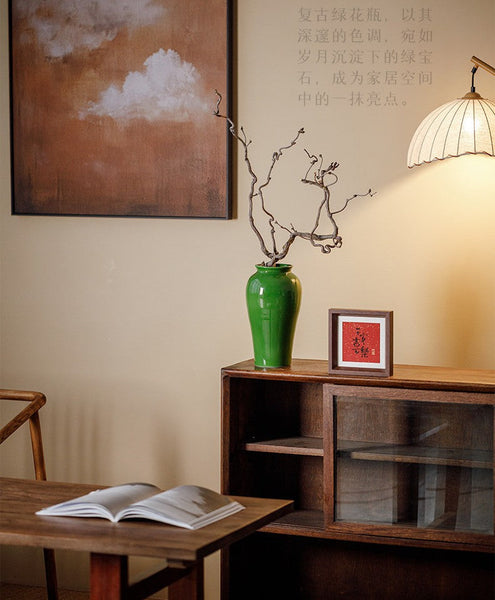 Vintage Flower Vases on Table, Handmade Water Holding Flower Vase, Centerpiece Ceramic Bud Vases, Green Porcelain Flower Vases-Art Painting Canvas