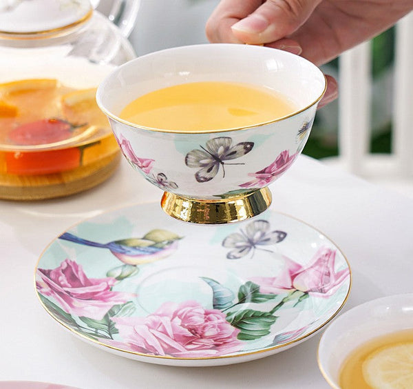 Unique Afternoon Tea Cups and Saucers in Gift Box, Royal Bone China Porcelain Tea Cup Set, Elegant Flower Pattern Ceramic Coffee Cups, Beautiful British Tea Cups-Art Painting Canvas