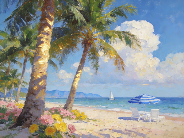 Small Landscape Paintings, Sunlit Tropical Shore, Flowers, Lounge Chairs and Calm Seas, On Canvas Small Paintings, Original Wall Art Paintings, Original Artwork Small Paintings, Impasto Artwork, Small Wall Paintings-Art Painting Canvas