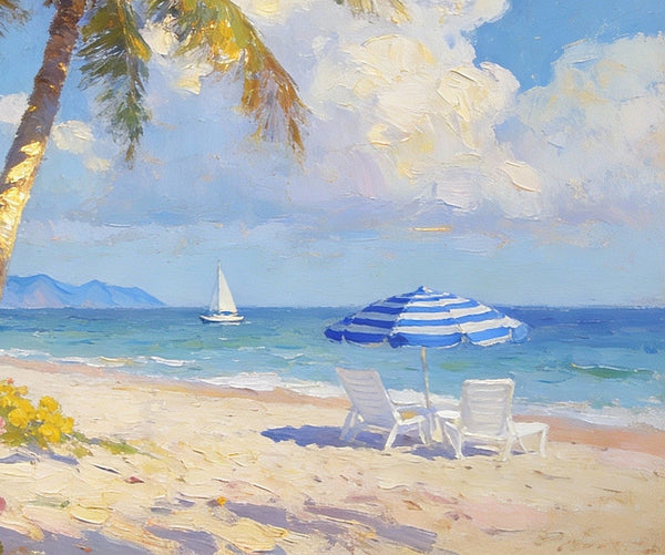 Small Landscape Paintings, Sunlit Tropical Shore, Flowers, Lounge Chairs and Calm Seas, On Canvas Small Paintings, Original Wall Art Paintings, Original Artwork Small Paintings, Impasto Artwork, Small Wall Paintings-Art Painting Canvas