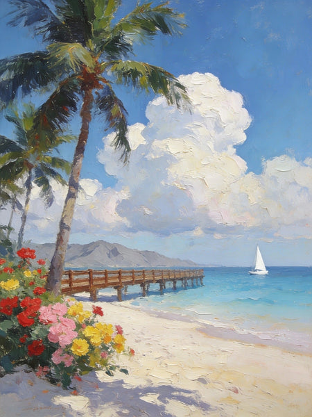 Landscape Canvas Paintings, A Coastal Scene with Blossoms and Blue Waters, Original Artwork Small Paintings, Hand Painted Canvas Art, On Canvas Small Paintings, Palette Knife Artwork-Art Painting Canvas