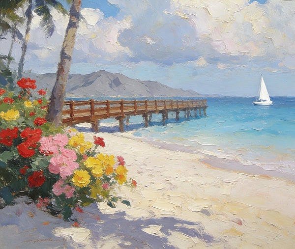 Landscape Canvas Paintings, A Coastal Scene with Blossoms and Blue Waters, Original Artwork Small Paintings, Hand Painted Canvas Art, On Canvas Small Paintings, Palette Knife Artwork-Art Painting Canvas
