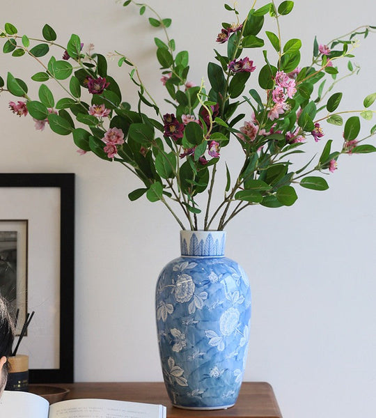 Centerpiece Ceramic Bouquet Vases, Handmade Modern Flower Vase, Large Flower Vases on Dining Table, Blue Porcelain Flower Vases-Art Painting Canvas