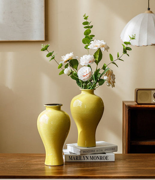 Handmade Water Holding Flower Vase, Yellow Flower Vases on Table, Ceramic Bud Vases, Porcelain Flower Vases-Art Painting Canvas