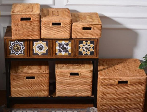 Wicker Rectangular Storage Basket with Lid, Extra Large Storage Baskets for Clothes, Kitchen Storage Baskets, Oversized Storage Baskets for Bedroom-Art Painting Canvas