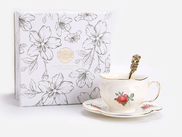 British Royal Ceramic Cups for Traditional Afternoon Tea, 7.4 oz Ceramic Coffee Cups, Rose Porcelain Tea Cup Saucer Set, 6.8 oz Tea Cup and Saucer in Gift Box-Art Painting Canvas