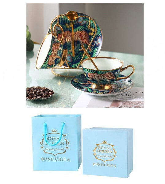 Creative Leopard Ceramic Coffee Cups, 6.8 oz Tea Cup and Saucer in Gift Box as Birthday Gift, Beautiful British Tea Cups, Creative Porcelain Tea Cup Set-Art Painting Canvas