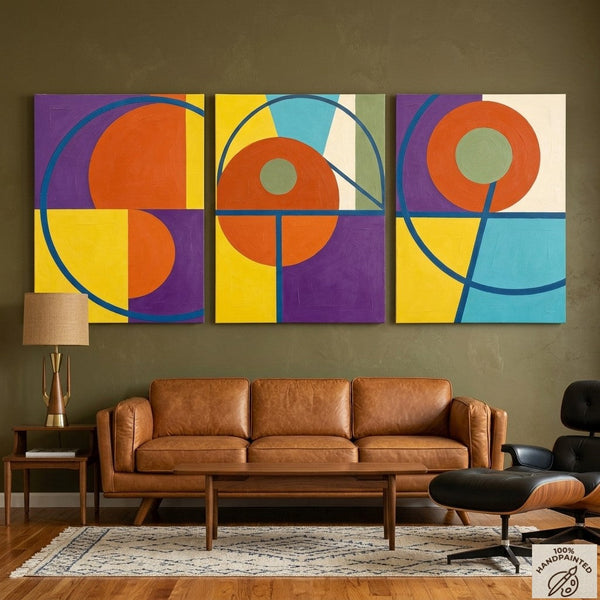 Geometric Pattern Contemporary Artwork, Abstract Paintings for Mid Century Modern Living Room, Multi Panel Canvas Art-Art Painting Canvas