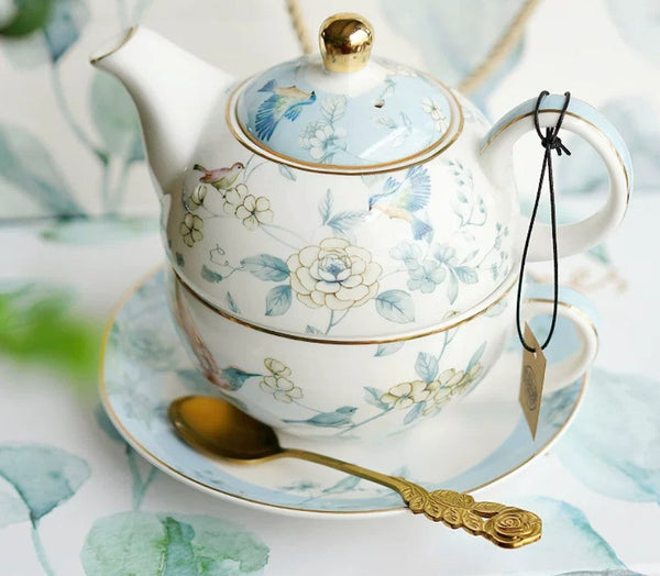 Stackable Teapot and Cup Set, Ceramic Tea Pot with Integrated Cup, Porcelain Teapot with Matching Cup and Saucer in Gift Box, Mother-and-Baby Teapot with Matching Saucer-Art Painting Canvas