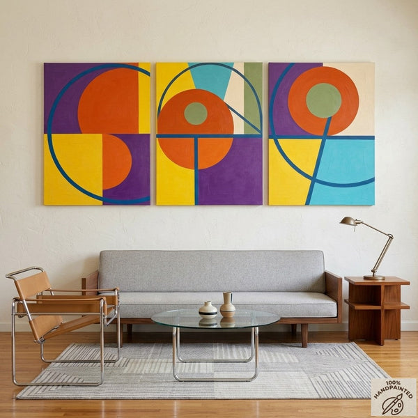 Geometric Pattern Contemporary Artwork, Abstract Paintings for Mid Century Modern Living Room, Multi Panel Canvas Art-Art Painting Canvas