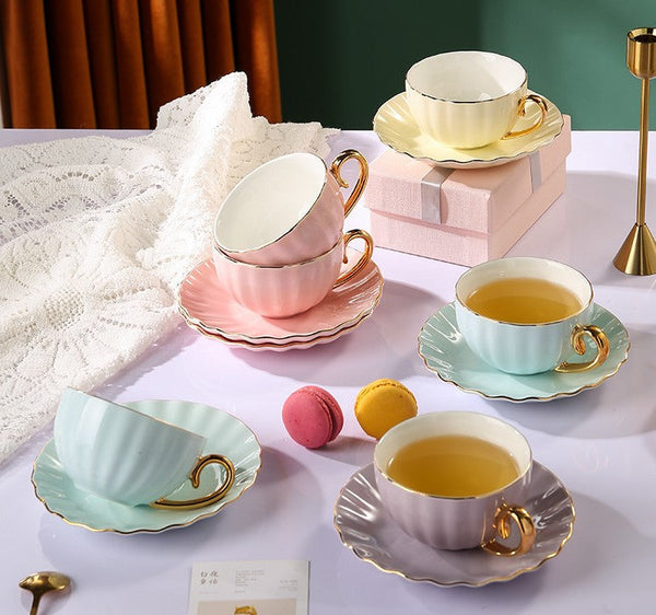 Elegant Macaroon Ceramic Coffee Cups, Beautiful British Tea Cups, Creative Porcelain Tea Cup Saucer Set of 2 Cups, 6.8 oz Tea Cup and Saucer in Gift Box as Birthday Gift-Art Painting Canvas