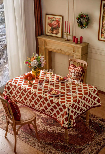 Holiday Red Tablecloth for Dining Table, Rabbit Pattern Table Cover for Dining Room Table, Modern Rectangle Tablecloth for Oval Table-Art Painting Canvas