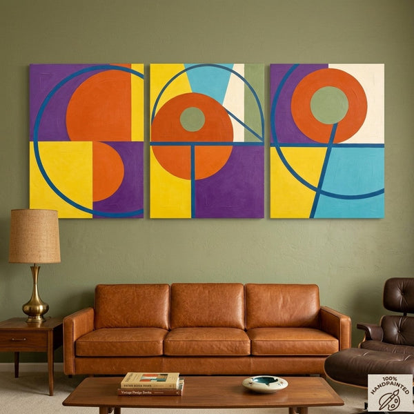 Geometric Pattern Contemporary Artwork, Abstract Paintings for Mid Century Modern Living Room, Multi Panel Canvas Art-Art Painting Canvas